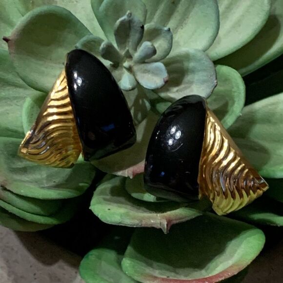 Vintage Black & Gold Earrings 80s 90s Hoop - Picture 2 of 5